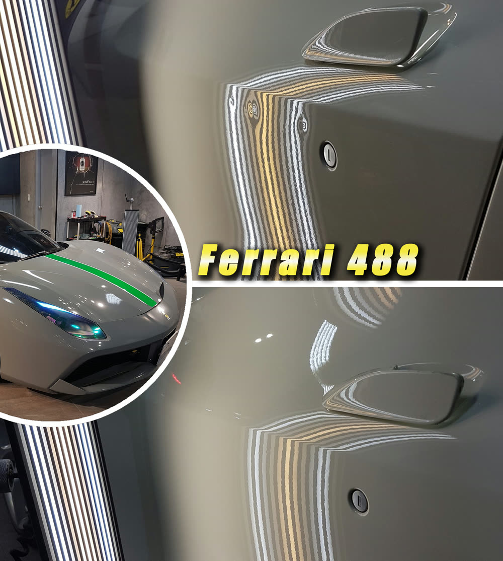 Ferrari 488 鋁合金車門凹痕修復前後對比