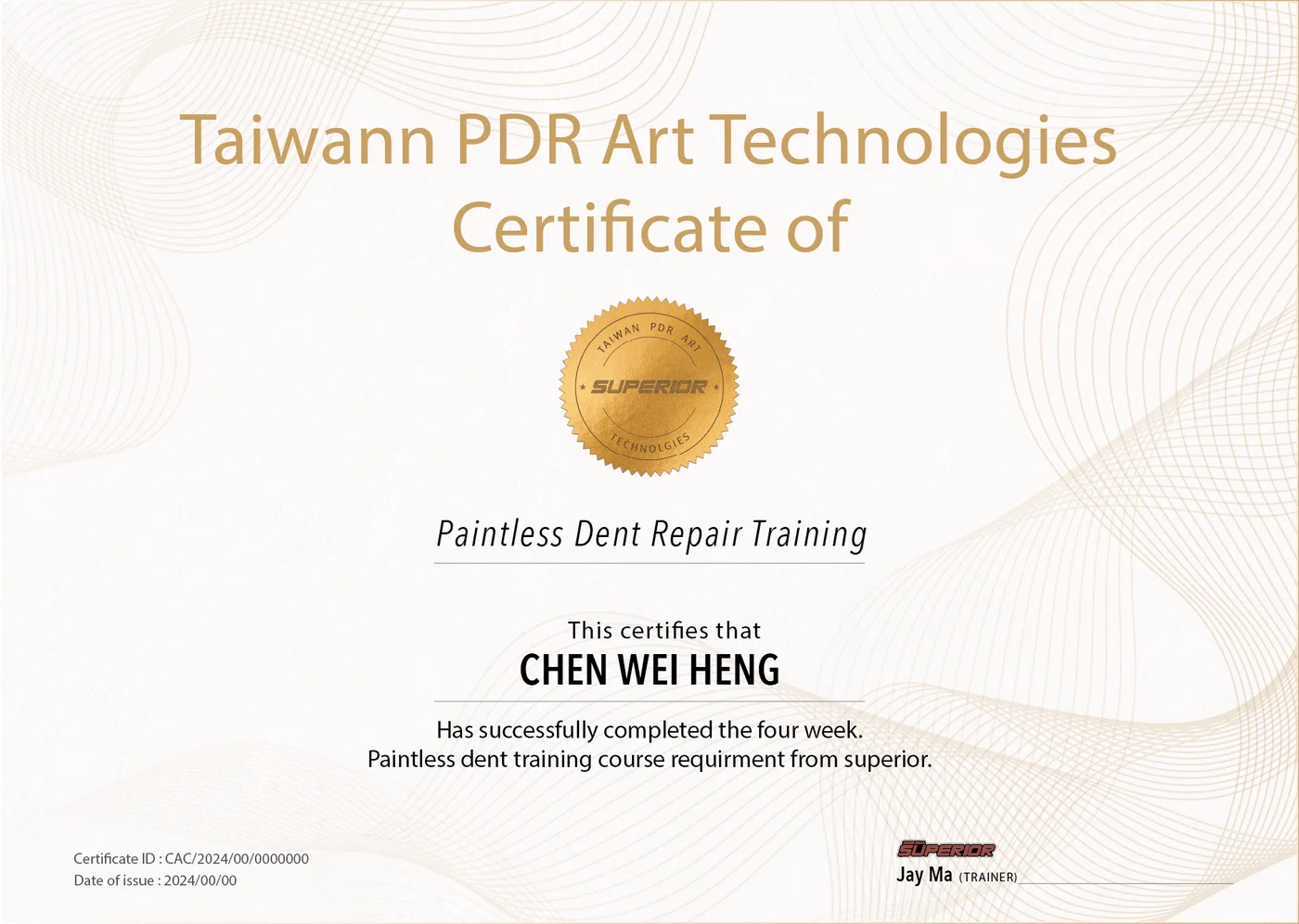 卓越 SUPERIOR PDR 結訓證書樣式：Taiwan PDR Art Technologies Certificate of Paintless Dent Repair Training